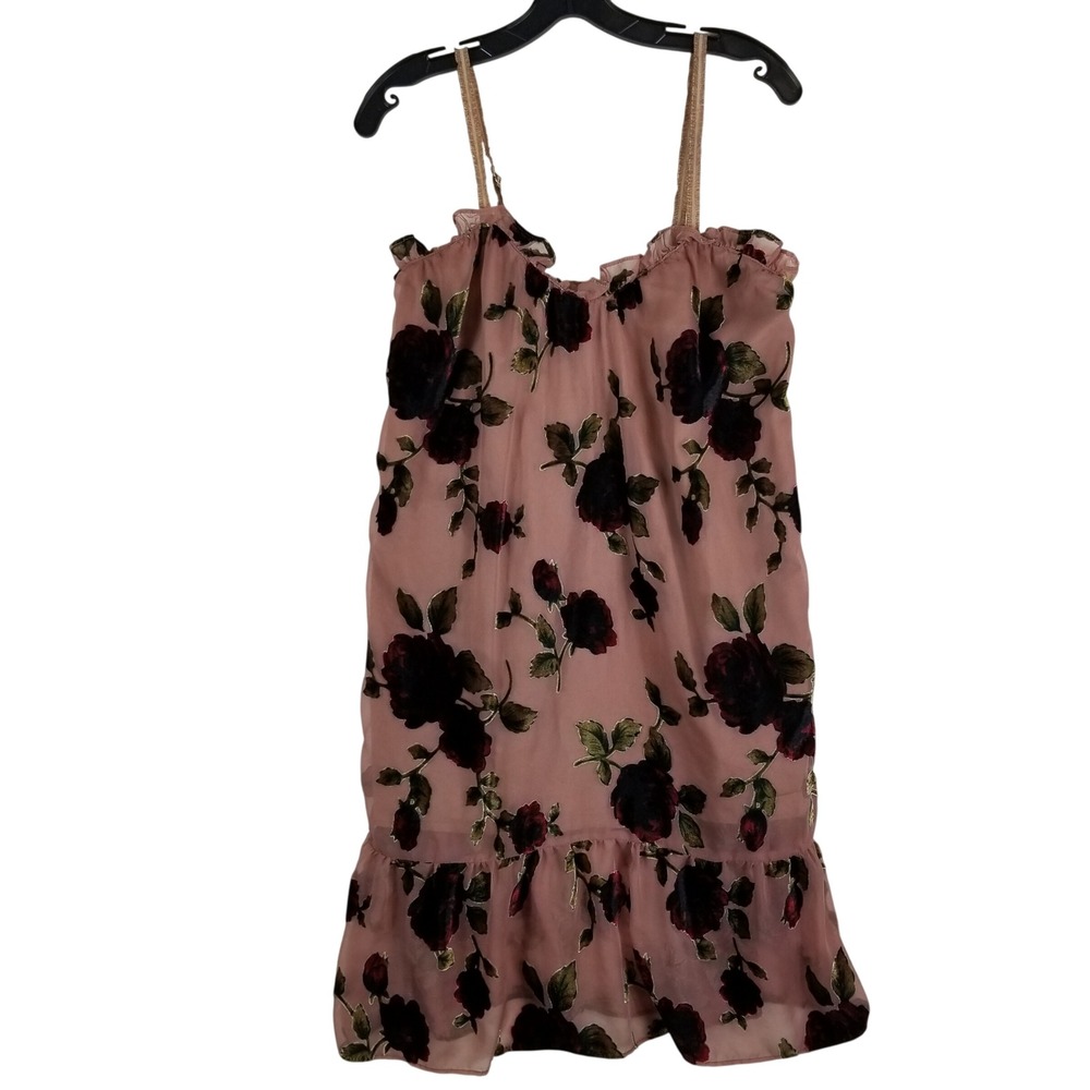 POL Mini Dress Womens Small Mauve Velvet Flocked Floral Ruffle Whimsigoth Boho